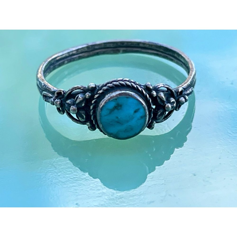 Vintage Southwest Blue Turquoise Ring With Flowers Sz 7 3/4 - Picture 9 of 10